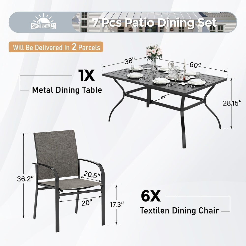 SUNSHINE VALLEY 7pc Patio Dining Set, 60" Metal Table & 6 Brown Chairs