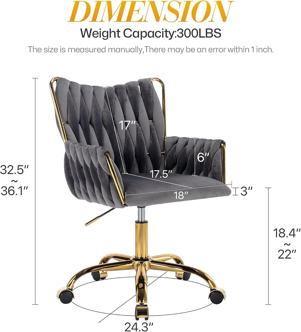 KCC Modern Velvet Home Office Desk Chair with Hand Woven Backrest,Gray