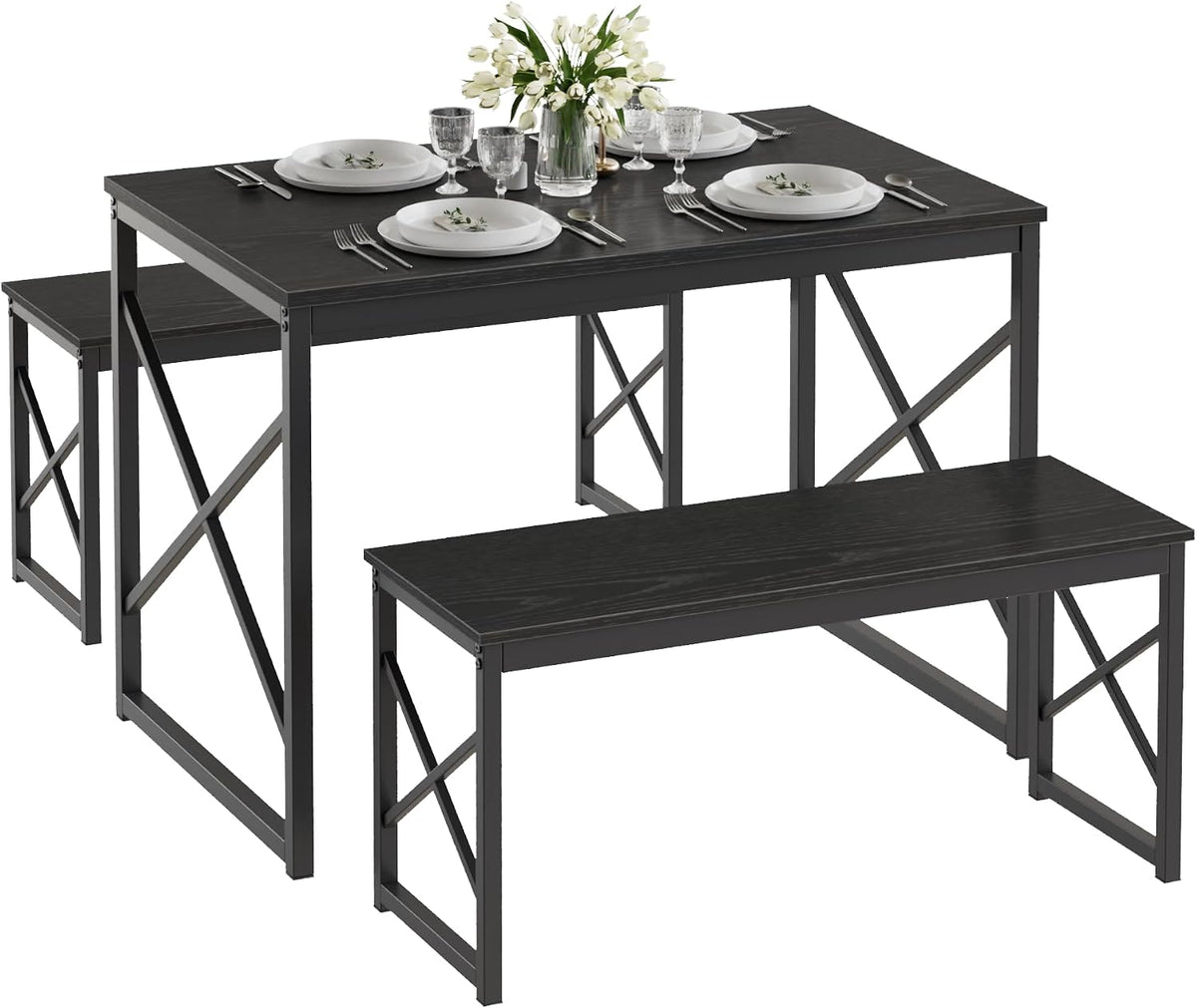 VECELO 43.3" Kitchen Dining Table Set for 4, Heavy-Duty Steel Frame & Wood-Grain Tabletop, Space-Saving Dinette Sets with 2 Benches for Breakfast Nook and Small Space, Black