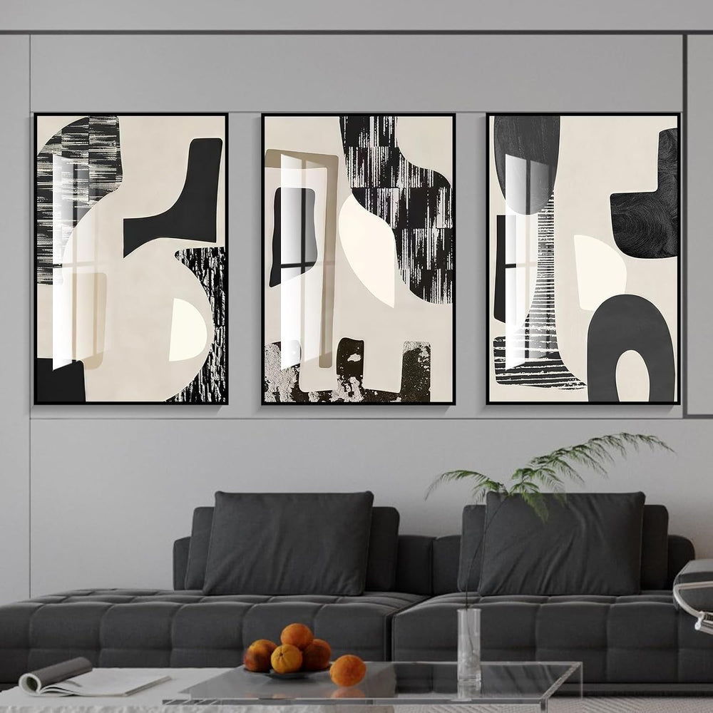 QKF 3Pcs Black White Abstract Crystal Geometric Framed Canvas Wall Art Set