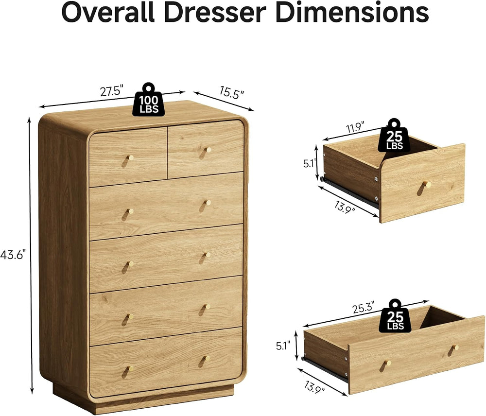 4 Pieces Bedroom Set, 6-Drawer Dresser & 3-Drawer Nightstands Set of 2 wi...