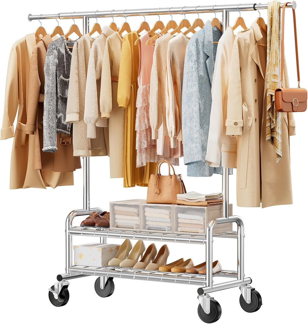 Clothes Rack Heavy Duty, 550 LBS Rolling Clothing Rack with Wheels, Silver