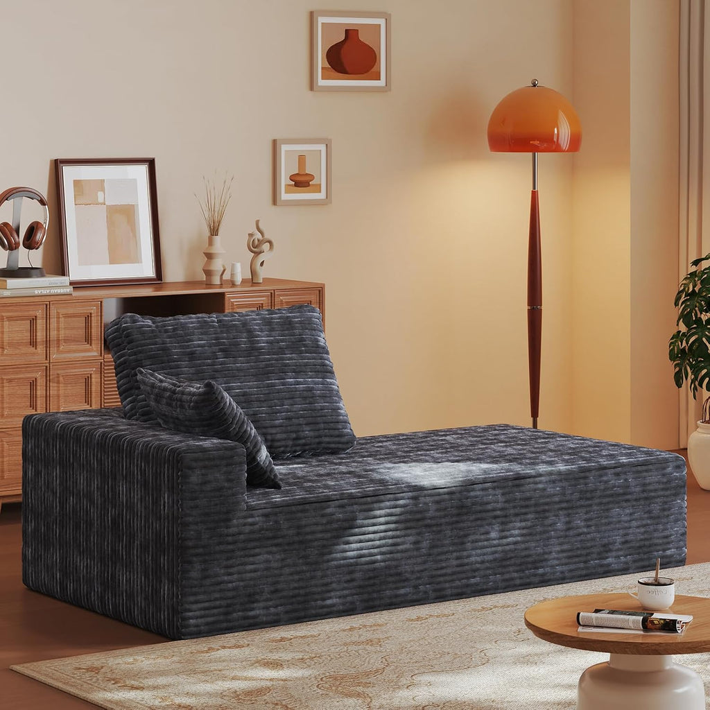 35" Sofa Bed, Boneless Cloud Couch, Rectangular Couch for Living Room, One-Piece Chaise Lounge with Pillows, Flannel Comfy Floor Sofa (Gray, Vertical Right Armrest Facing Chaise)