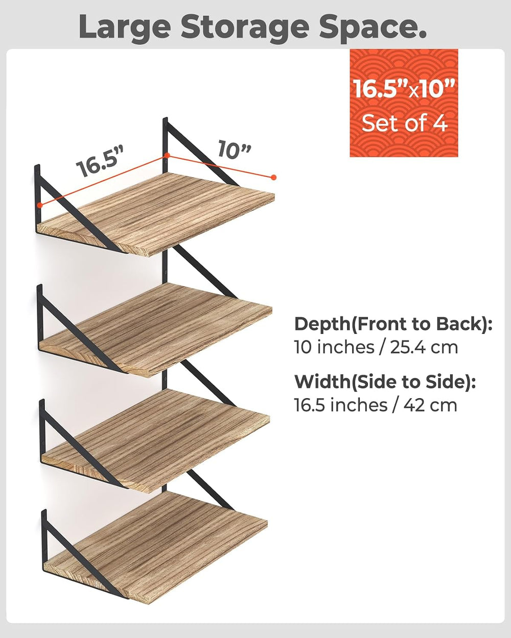 10 Inch Deep Floating Shelves, 16.5" x 10", Set of 4, Natural Wood ...