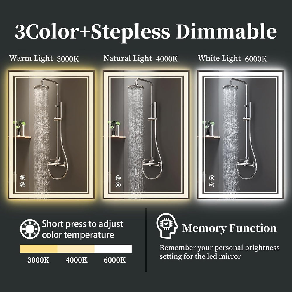 COLMERD 24 x 36'' LED Mirror for Bathroom, 3 Colors Dimmable, Anti-Fog