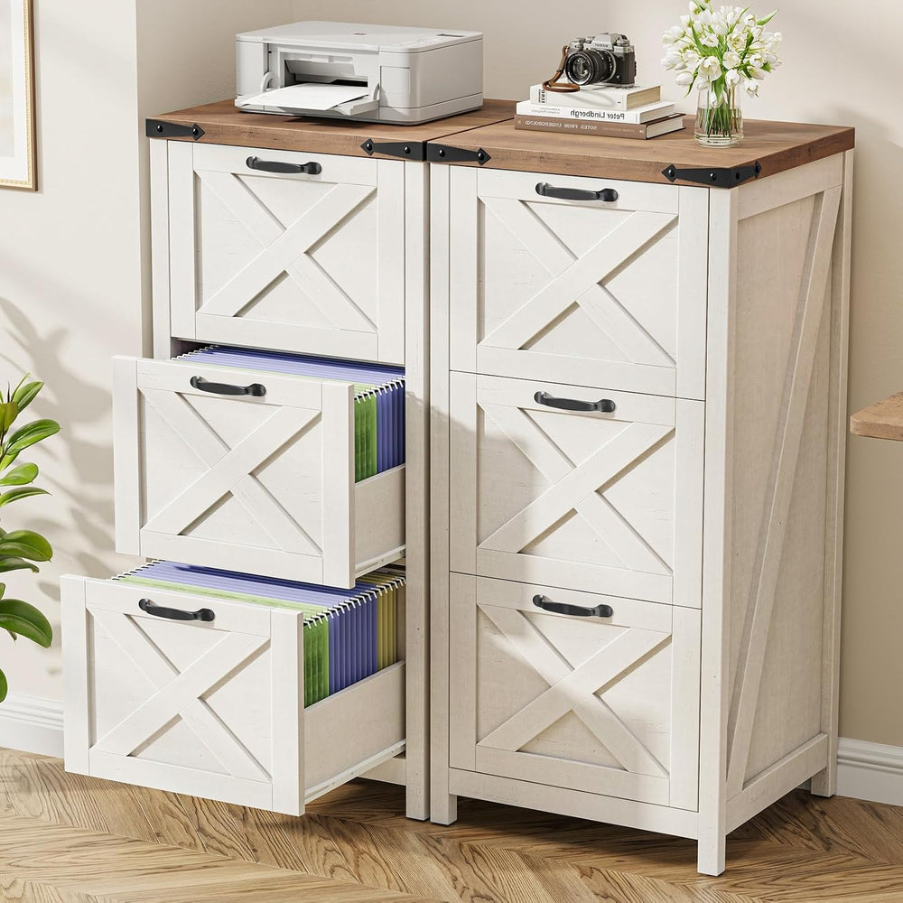Vabches Farmhouse 3 Drawers Tall File Cabinet for Home Office, Rustic White