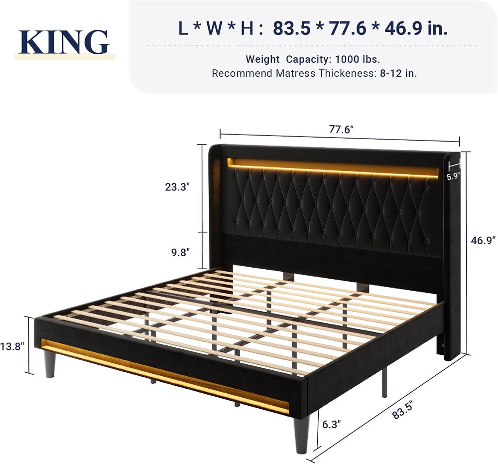 Allewie King Size Upholstered Bed Frame with LED & Charging Station, Black
