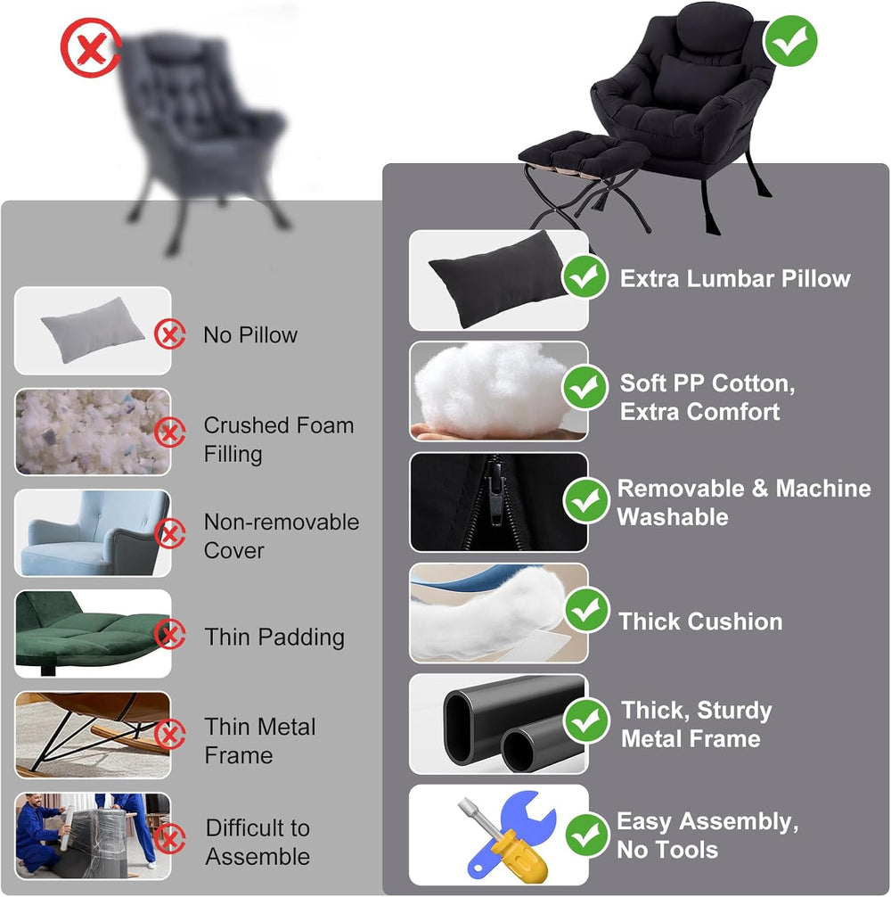 Lazy Chair with Ottoman, Comfy Chair with Pillow， Black