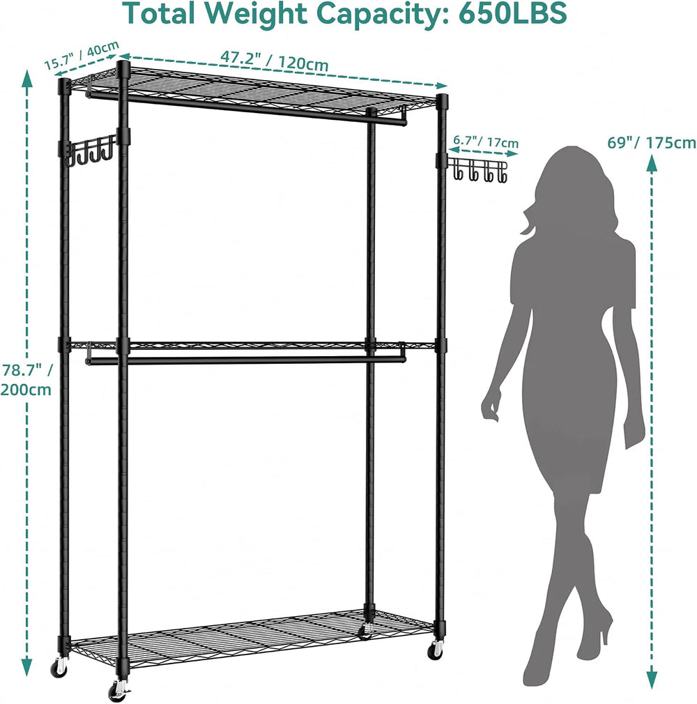 Heavy Duty Rolling Wheels Portable Metal Garment Rack,