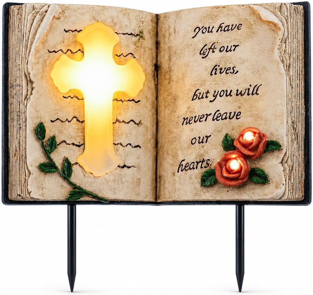 Candieslife Outdoor Solar Memorial Cross Stakes Lights, Waterproof Book Statu...