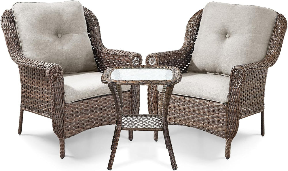 3 Piece Patio Brown Wicker Chairs with Side Table - Outdoor High Back Heavy D...