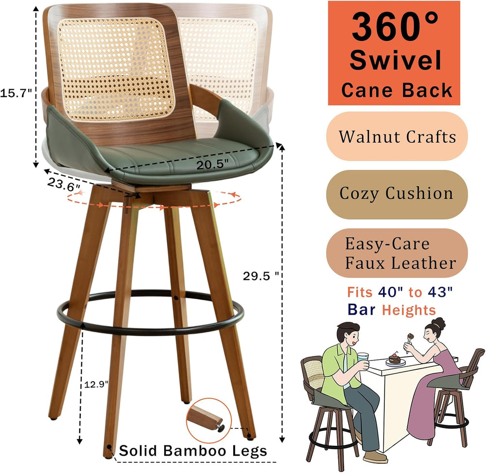 Rattan Swivel Bar Stools, Mid Century Bar Height Bar Stools with Back