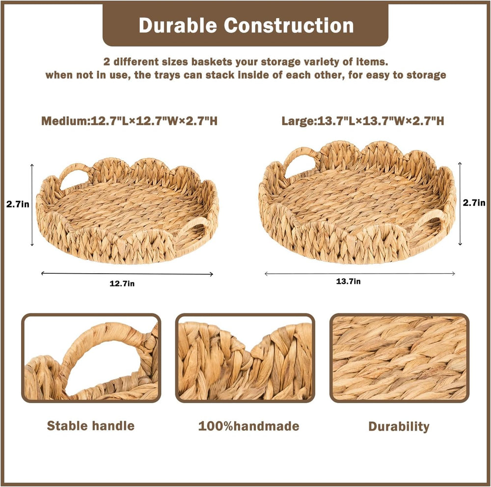 2-Pack Wicker Basket Tray, Round Serving Tray with Handles, Rattan Woven Deco...