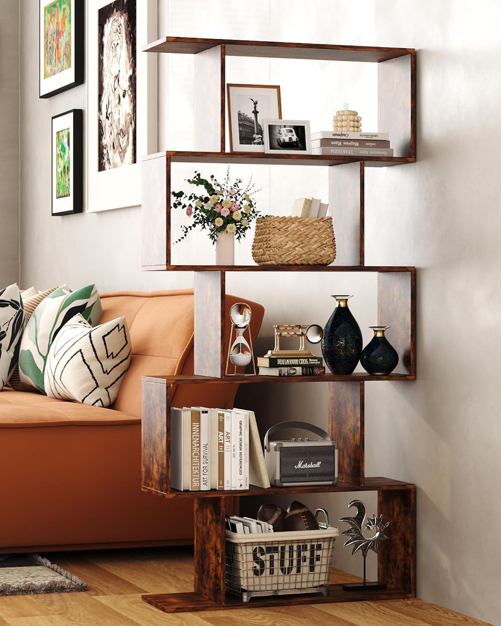 Yusong Bookshelf 5-Tier, Geometric Bookcase S Shaped Book Shelves for Bedroom...