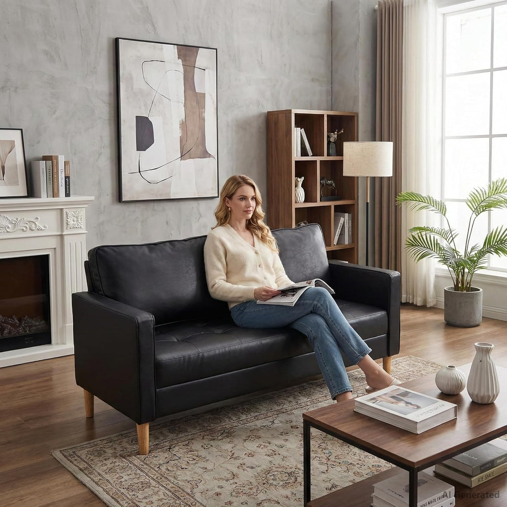 Small Black Faux Leather Sofa Couch, 3 Piece Living Room Set (Black, 3)