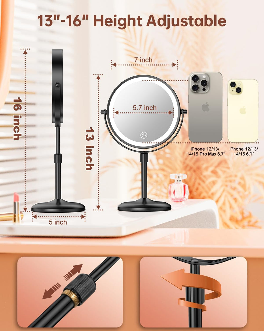 7" Lighted Makeup Mirror with Magnification 10X, Height Adjustable,3 Lights
