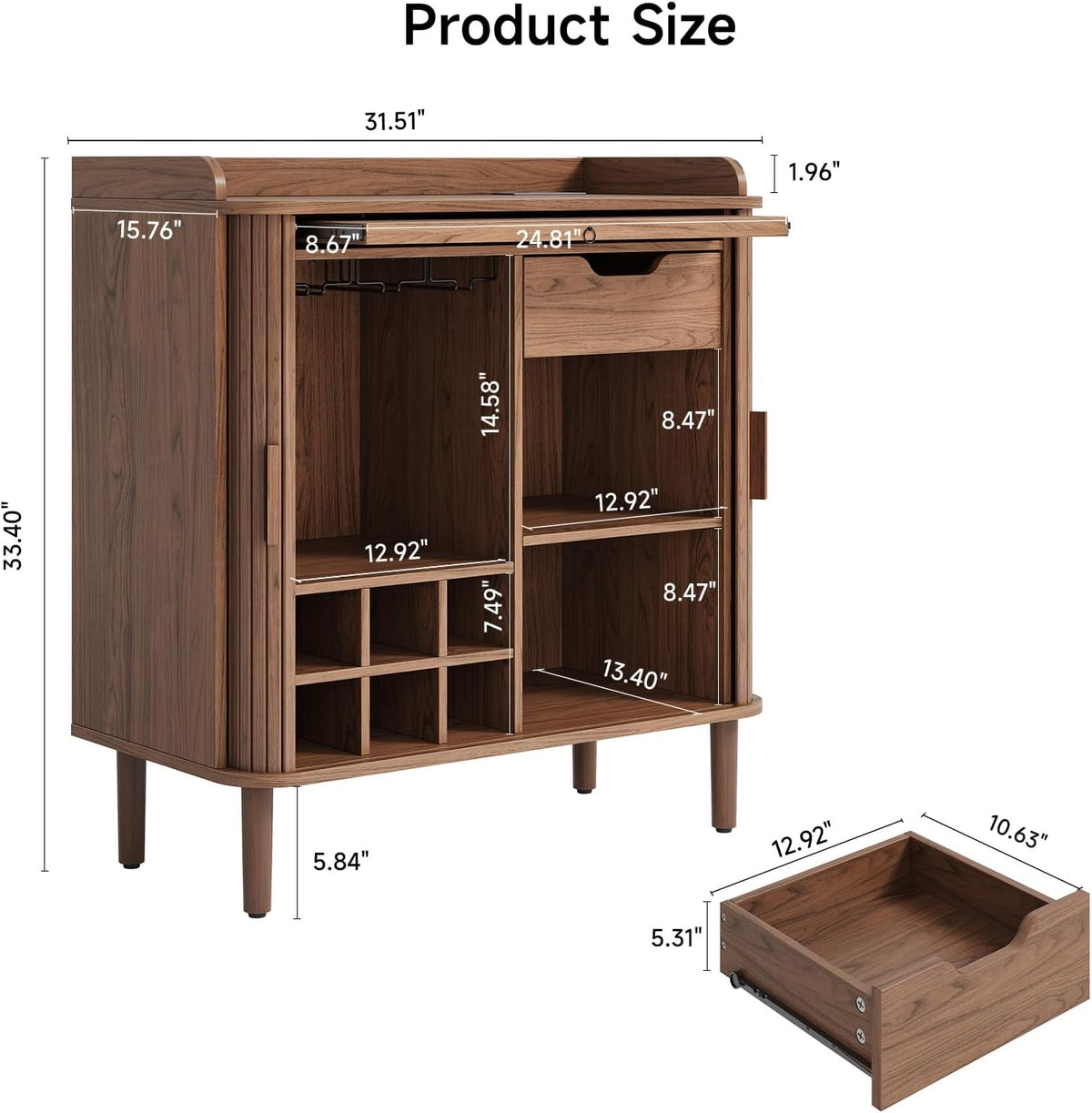 ONBRILL Fluted Bar Cabinet with Storgae, Wine Cabinet, 33" H, Walnut