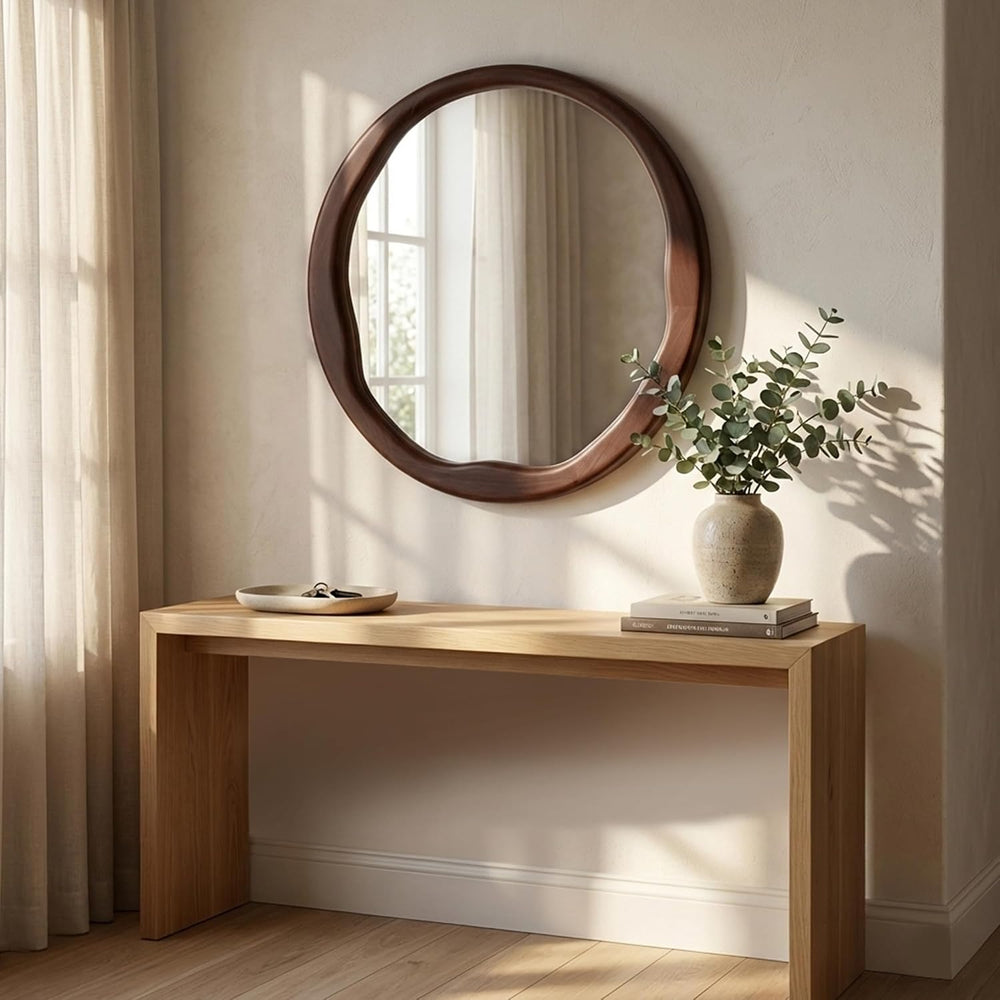 Dark Walnut 24 Inch Round Wood Wall Mirror, Asymmetrical Inner Edge
