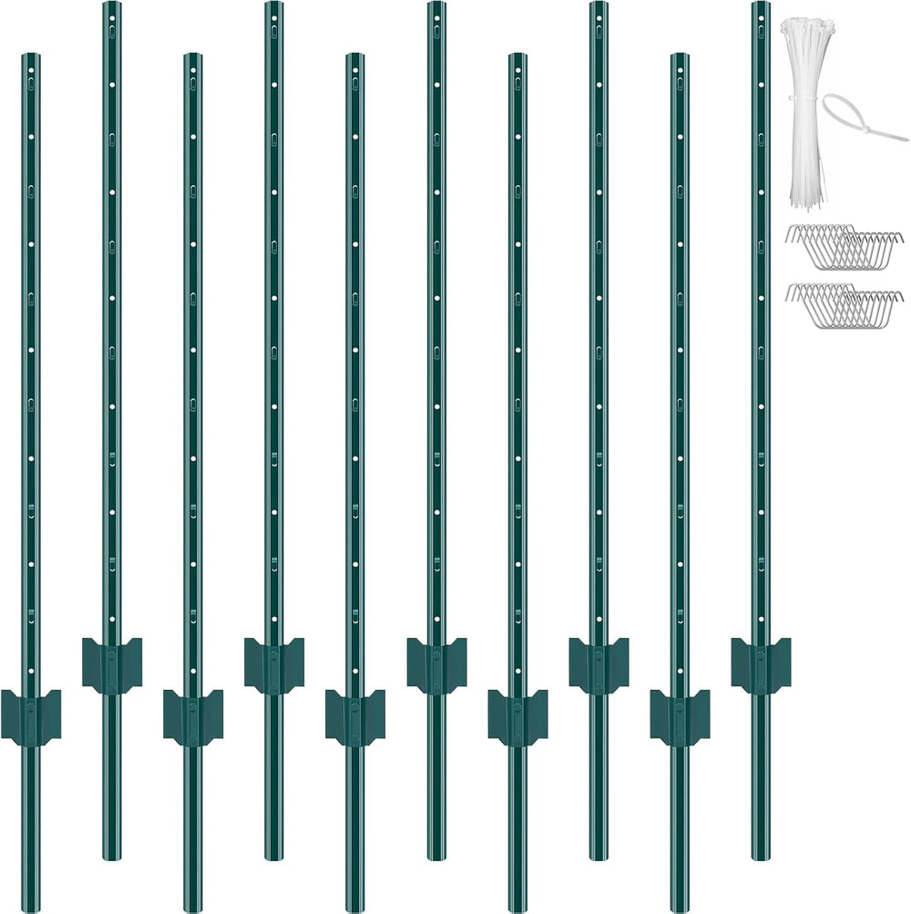 VEVOR 4 Feet U-Channel Metal Fence Post, 10 Pack with 20 Zip Ties & 20 Cl...