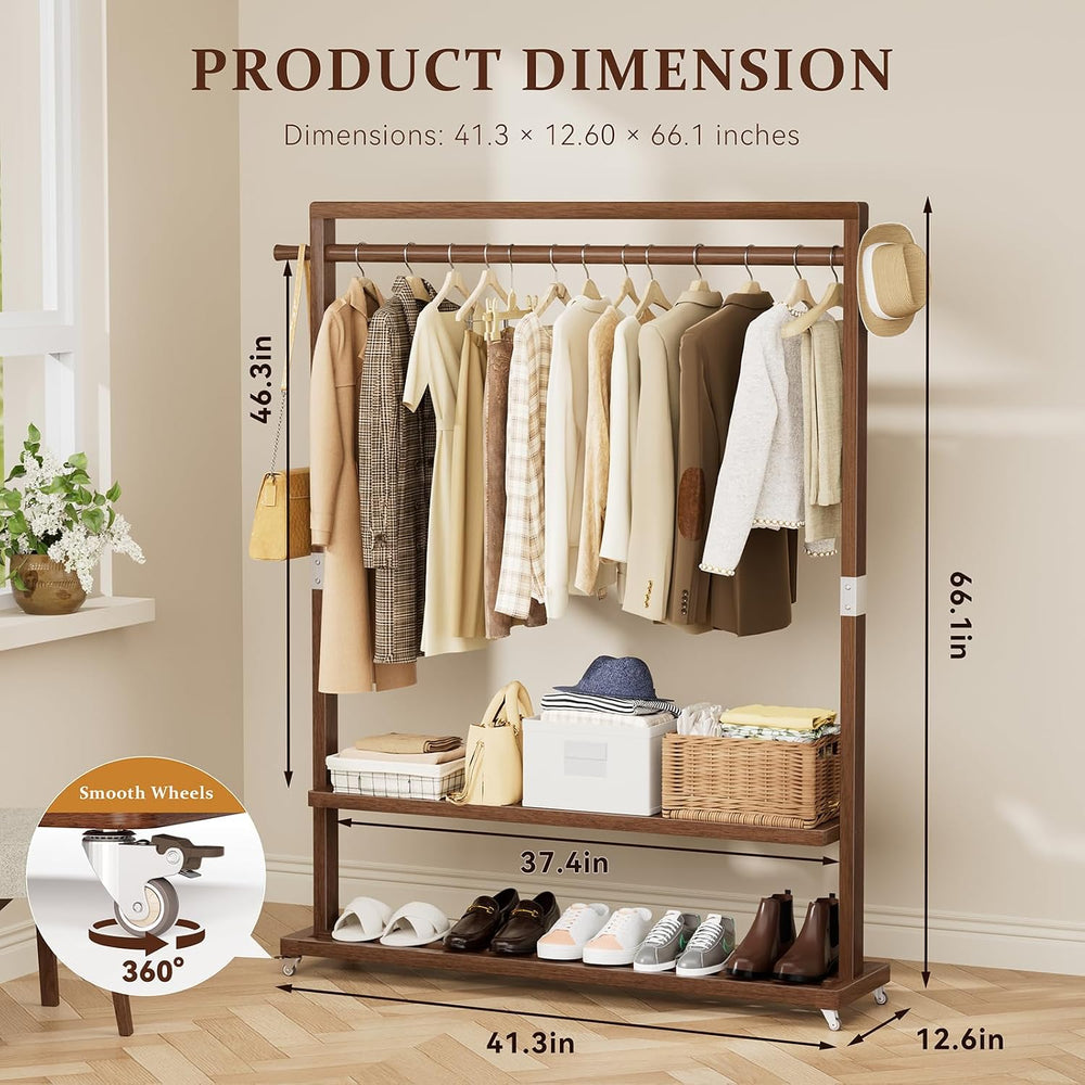 Wood Clothing Rack Solid Wood Clothes rack with Wheels 2 Shelves