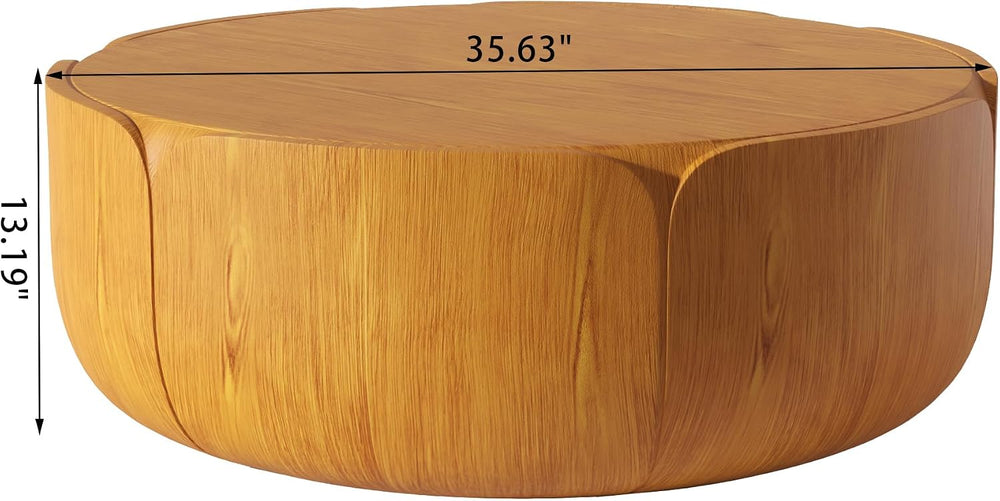 35.63" Round Outdoor Indoor Coffee Table - Modern Wood Grain Drum Center...