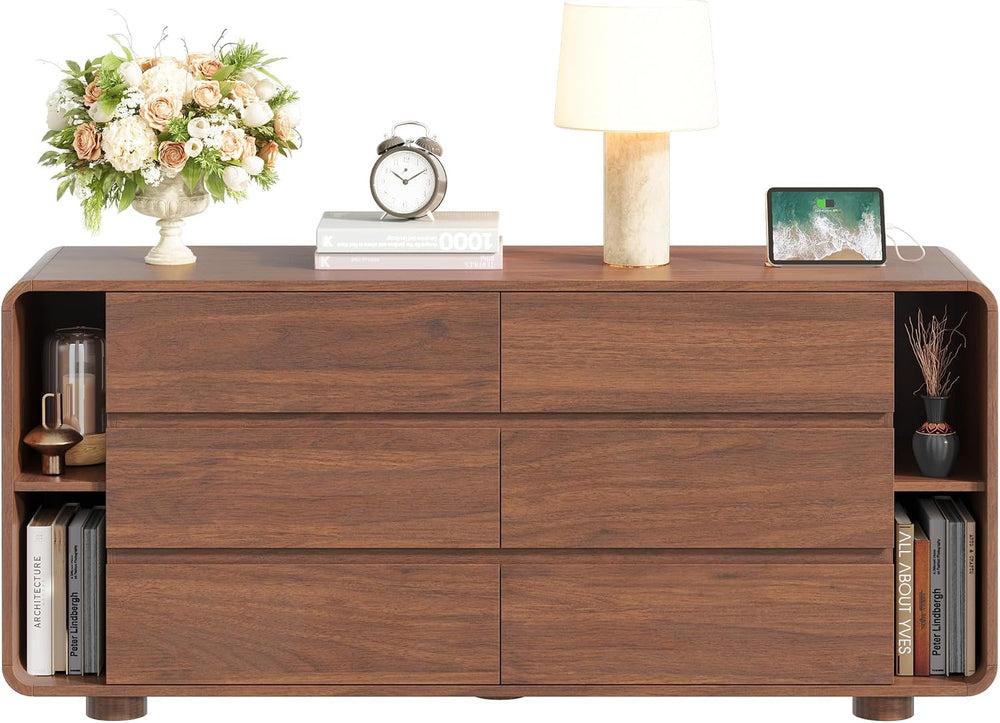Whalefall 63 Inch 6 Drawer Dresser with Shelves, Rounded Corner, Walnut