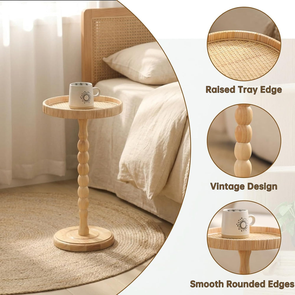Small Drink Table, Rattan Round Side Table for Small Spaces, Boho Accent Tabl...
