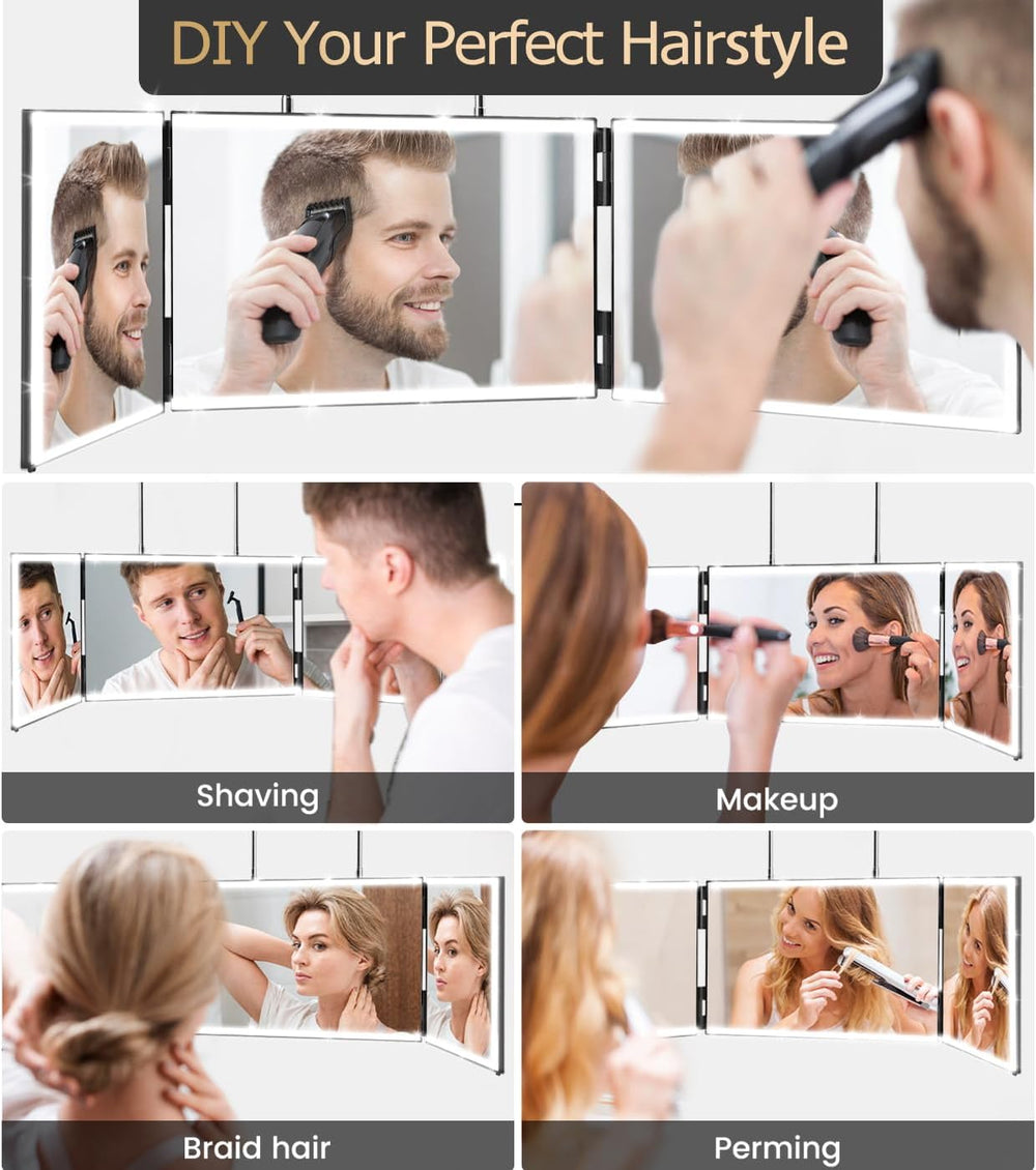 XIGETRAIL Rechargeable 3 Way Mirror for Hair Cutting with 8 Light Strips