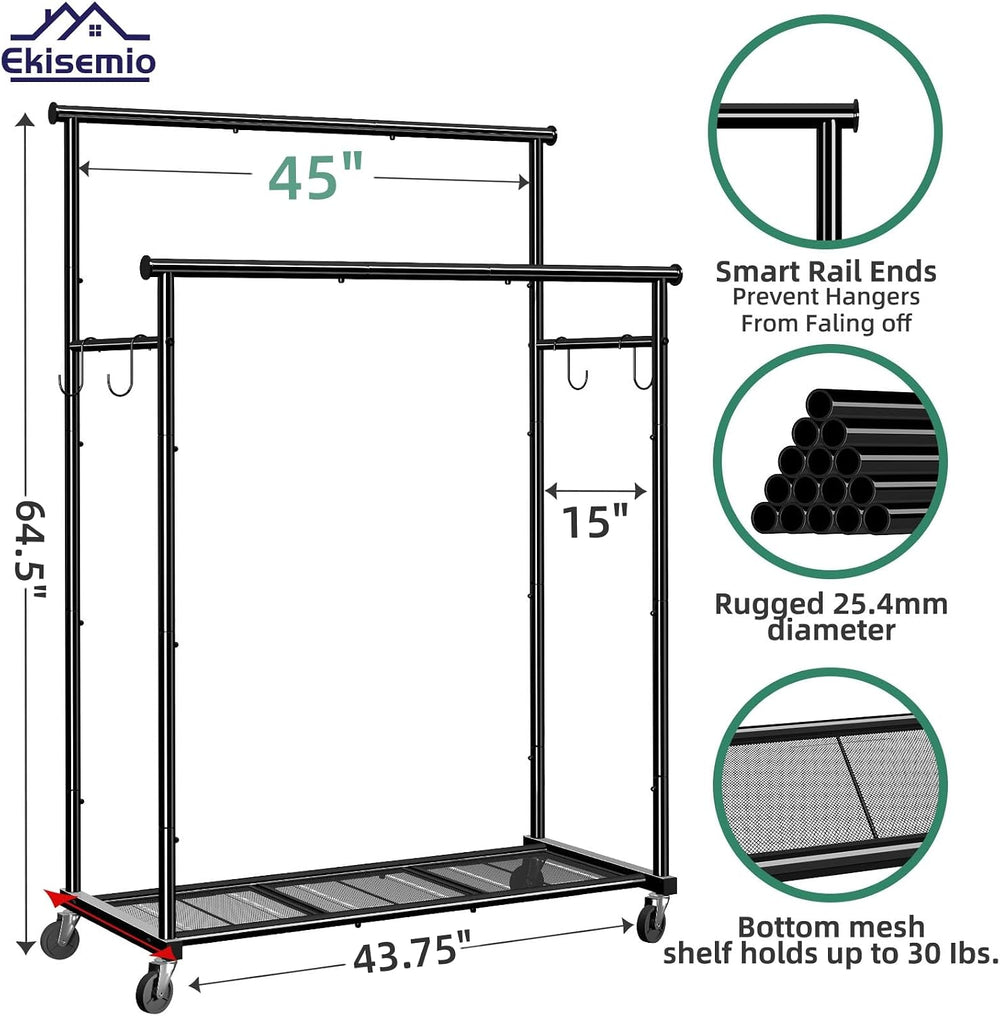 Ekisemio Double Rods Clothes Rack with Wheels Load 400 LBS, 45 Inch Rolling C...