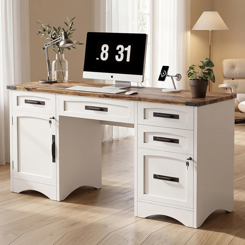 Decofy Farmhouse Executive Desk with Drawers, 55" Home Office Desks with Fast Charging Station, Lockable File Cabinet, Wood Writing Computer Desk for Work, Study