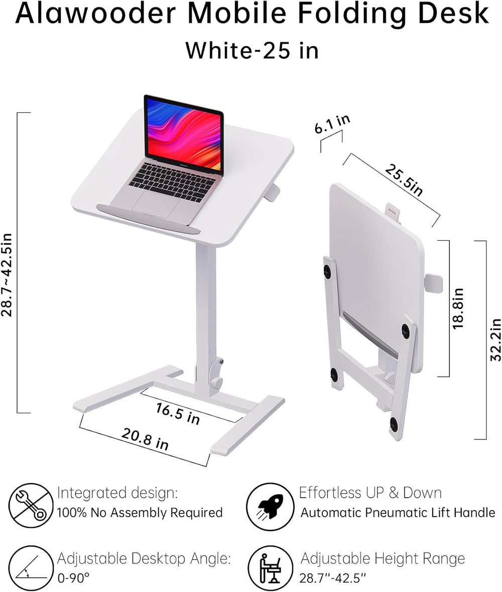 alawooder 25" Mobile Folding Desk: Pneumatic Sit-Stand, No Assembly