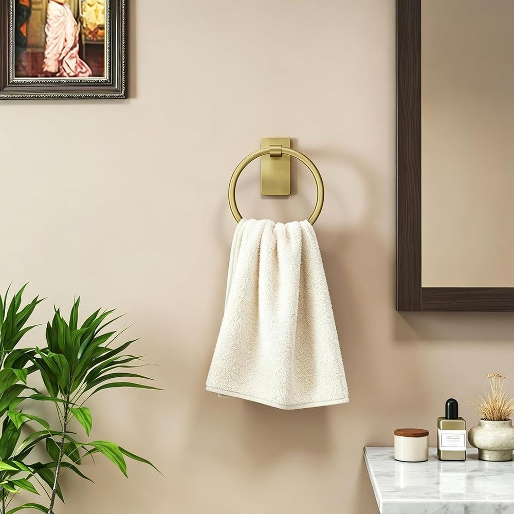 STWWO Gold Towel Ring for Bathroom, Adhesive Hand Towel Holder, 2 Pack