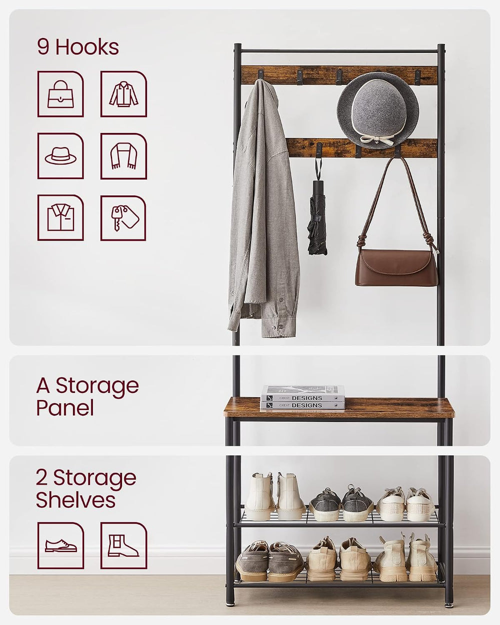 VASAGLE Coat Rack, Hall Tree with Shoe Storage Bench, 3-in-1, Steel Frame