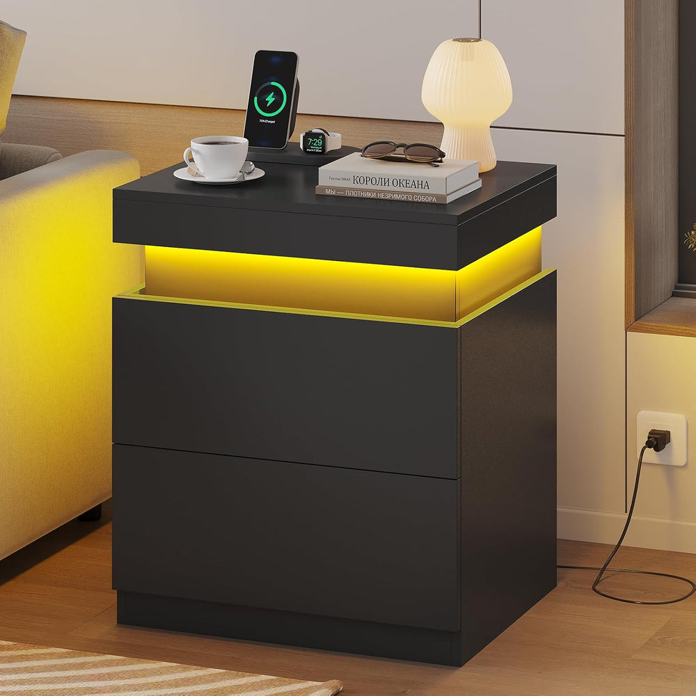 ADORNEVE Small Nightstand with Charging Station and LED Lights,Black