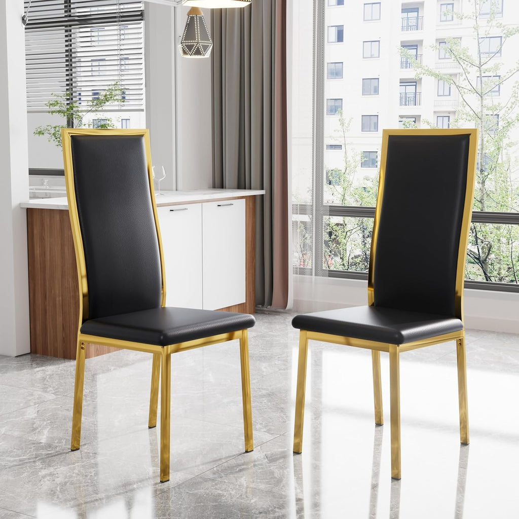 Modern Dining Chairs Set of 2, Black Faux Leather with Chrome Gold Metal Legs, Curved High Back Design & Cloud Cushioning, Mid-Century Kitchen Chairs with Non-Slip Feet (Easy Assembly)