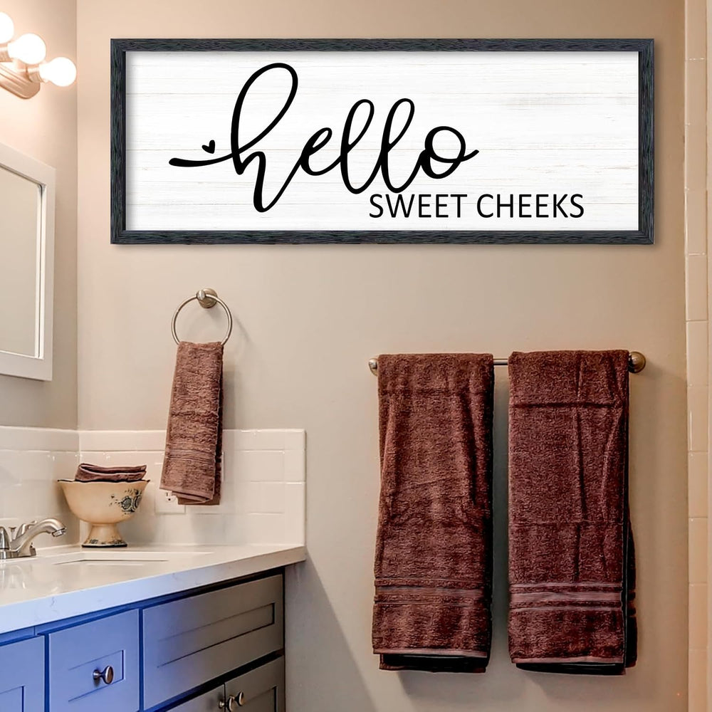 AuraPeak Hello Sweet Cheeks Bathroom Wall Decor, Black, 32"×12"