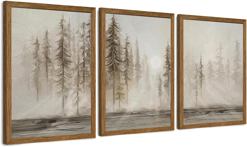 Urmoya Triptych Neutral Misty Forest Framed Canvas Wall Art, 12x16 inch x3