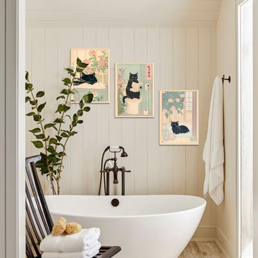 Funny Bathroom Canvas Wall Art Set of 3, Japanese Funny Black Cat Wall Decor ...