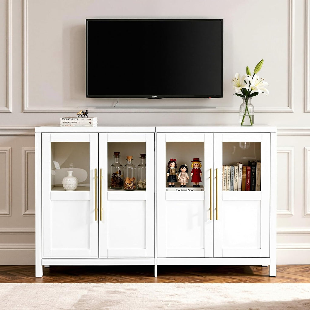 55" Sideboard Cabinet with Glass Doors, Large Buffet Cabinet with Storage and Shelves, Modern Accent Console Table for Dining Room Living Room Entryway (White a)