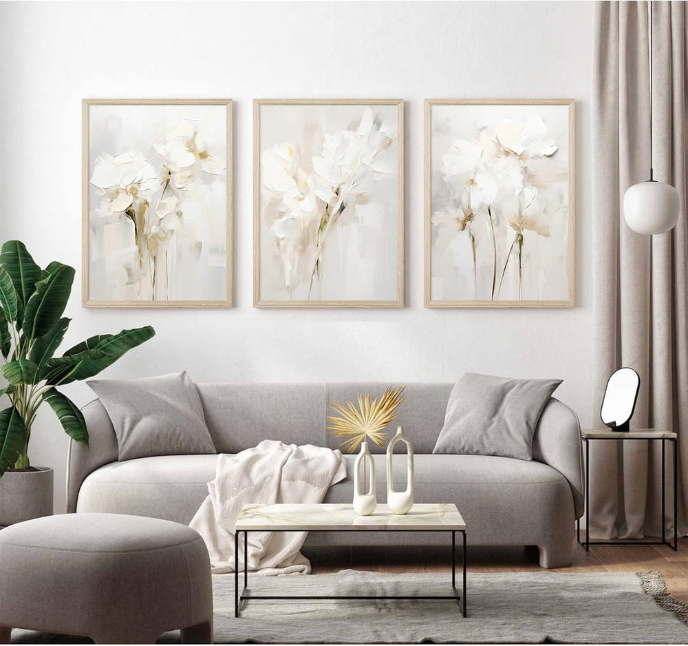 Neutral Wall Art Abstract Floral Canvas Pictures Beige Flower Wall Decor Mode...