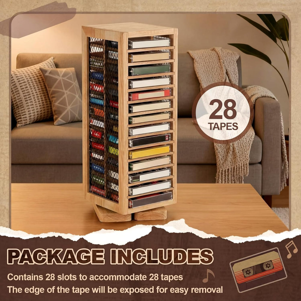 Ripeng Cassette Tape Holder, 28 Capacity 360° Rotating, Rustic Natural