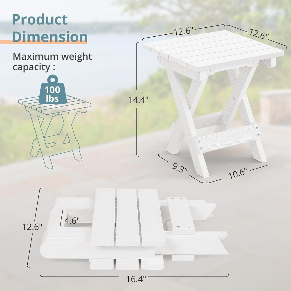 LUE BONA Small Outdoor Folding Side Table HDPS 14 Inch Height, White