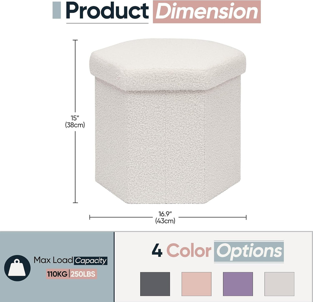Hexagon Storage Ottoman, 15 Inch Foldable Footstool, Cream White