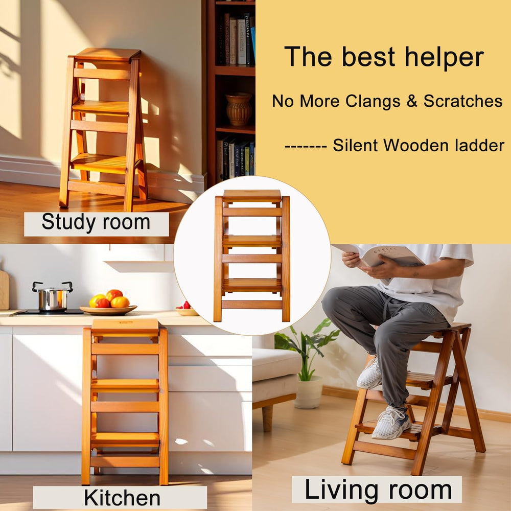 Latifolia Foldable 3 Step Ladder, Wooden Step Stool with Floor Saver, Decorat...