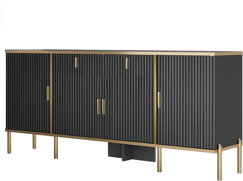 60" Fluted Buffet Cabinet with Storage, Modern Buffets & Sideboard with 2 Drawers, 4 Doors and Adjustable Shelves, Accent Cabinet for Kitchen, Black