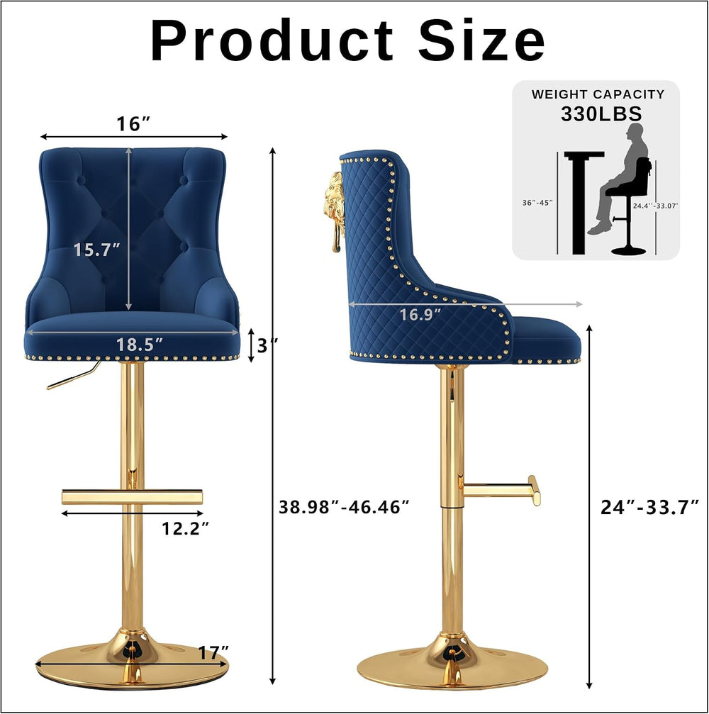 Velvet Bar Stools Set of 4, Adjustable Height, Gold Metal Base, Blue