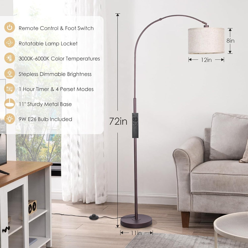 Qingmiao Dimmable Arc Floor Lamp, Remote & Foot Switch, Adjustable Shade