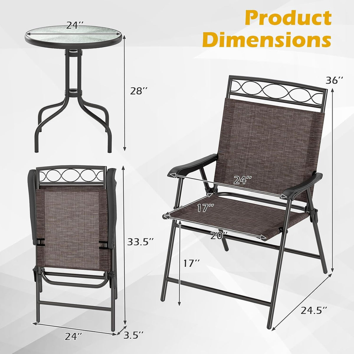 Goplus Bistro Table and Chairs Set of 2, Outdoor 3 Piece Patio Bistro Set with 1.57” Umbrella Hole, Tempered Glass Tabletop, 2 Folding Chairs, Small Patio Furniture Dining Set for Garden, Balcony