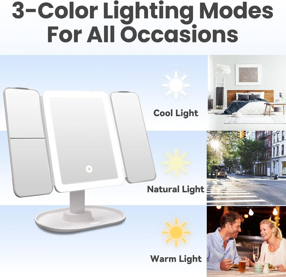 2X/3X/10X Makeup Mirror with Lighting，Trifold Magnifying Vanity Mirror