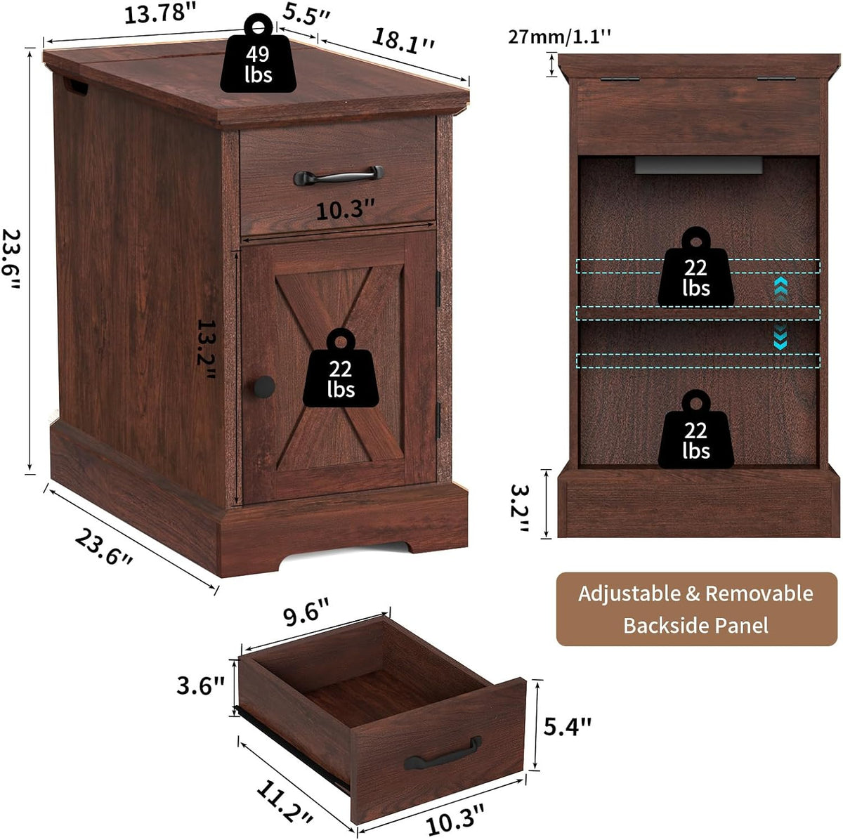 HOMMPA 23.6'' Farmhouse Narrow End Table w/Charging Station Rustic Cherry